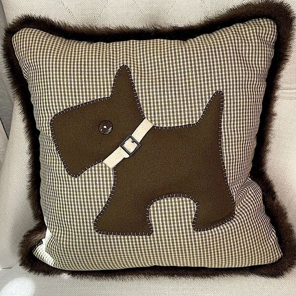 Arhaus Brown Dog Appliqué Throw Pillow with Faux Fur!